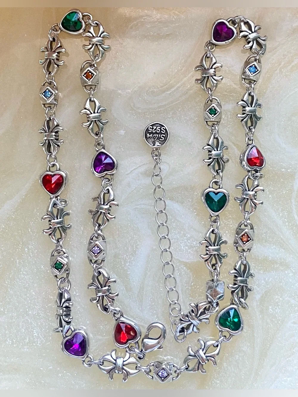 Sterling Silver Multicolor Heart Link Necklace - 925
